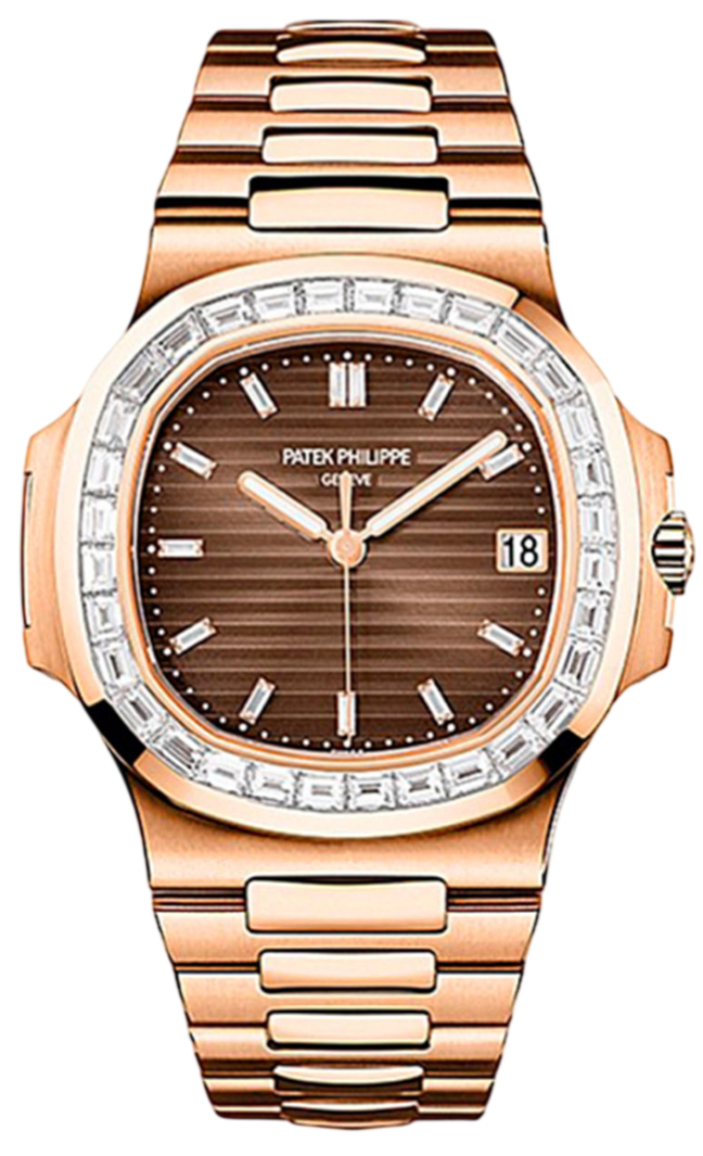 Patek Philippe Custom Nautilus Rose Gold Brown Diamonds Dial 40mm Diamonds Bezel