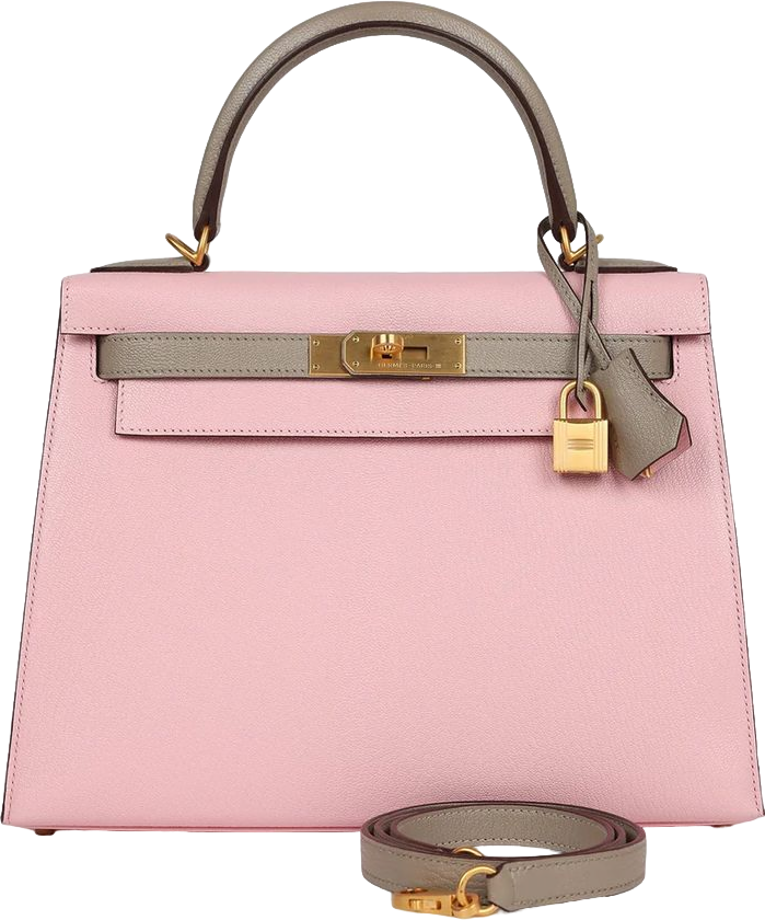Hermes HSS Kelly Sellier 28 Rose Sakura and Gris Tourterelle Chevre Brushed Gold Hardware