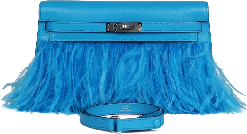 Hermes Kelly Elan Foile Bleu Frida Chevre Chamkila and Ostrich Feathers Palladium Hardware Hermes Kelly Elan Foile Bleu Frida Chevre Chamkila and Ostrich Feathers Palladium Hardware