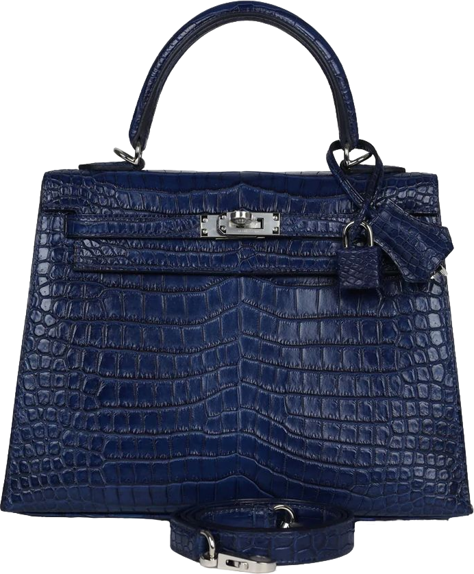 Hermes Kelly Sellier 25 Bleu Indigo Aizome Matte Porosus Crocodile Palladium Hardware