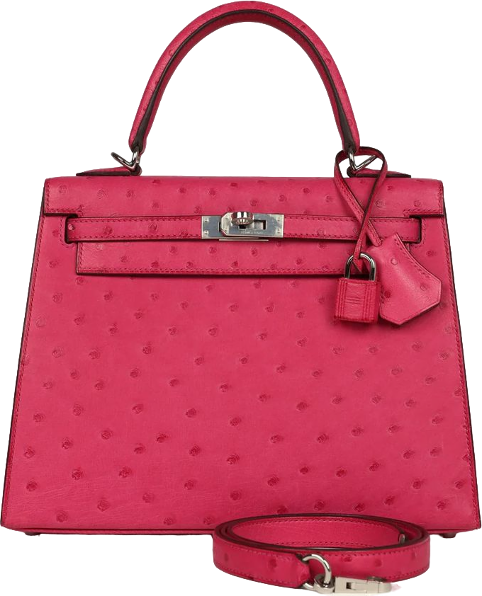 Hermes Kelly Sellier 25 Rose Tyrien Ostrich Palladium Hardware