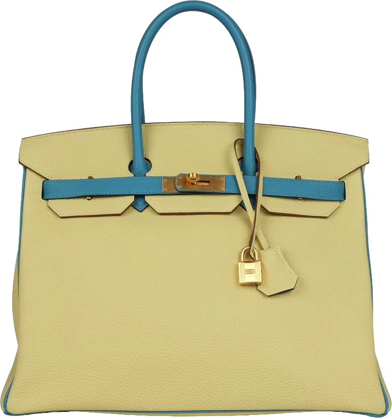 Hermes Special Order (HSS) Birkin 35 Jaune Poussin and Bleu Paradise Togo Brushed Gold Hardware