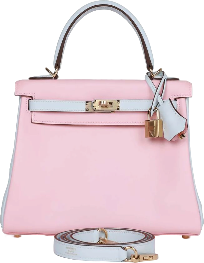Hermes Special Order (HSS) Kelly Retourne 25 Rose Sakura and Bleu Brume Swift Permabrass Hardware Hermes Special Order (HSS) Kelly Retourne 25 Rose Sakura and Bleu Brume Swift Permabrass Hardware
