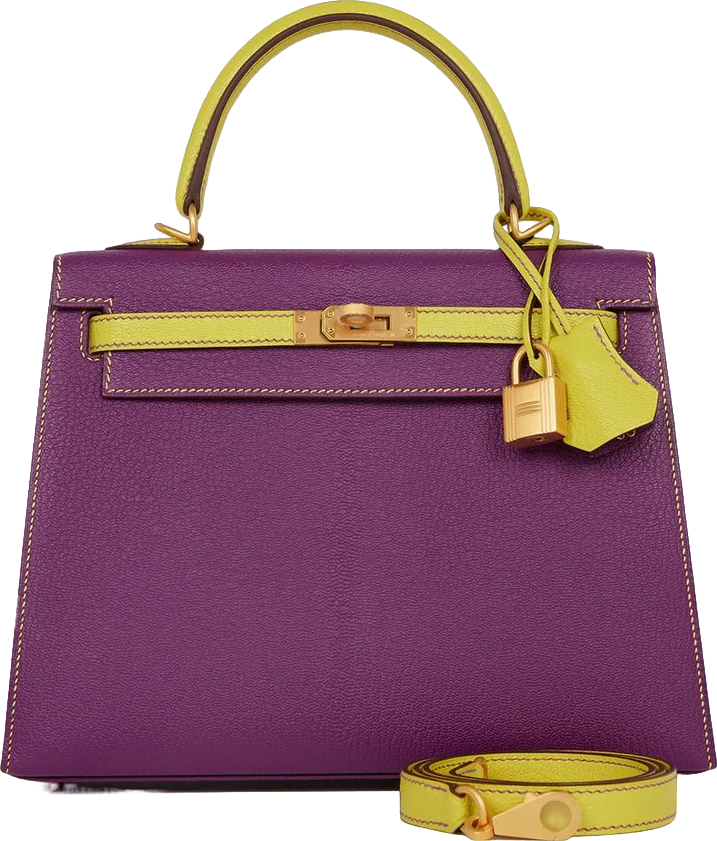 Hermes Special Order (HSS) Kelly Sellier 25 Anemone and Lime Chevre Brushed Gold Hardware