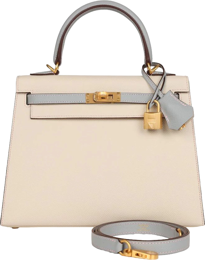 Hermes Special Order (HSS) Kelly Sellier 25 Craie and Bleu Glacier Epsom Brushed Gold Hardware Hermes Special Order (HSS) Kelly Sellier 25 Craie and Bleu Glacier Epsom Brushed Gold Hardware