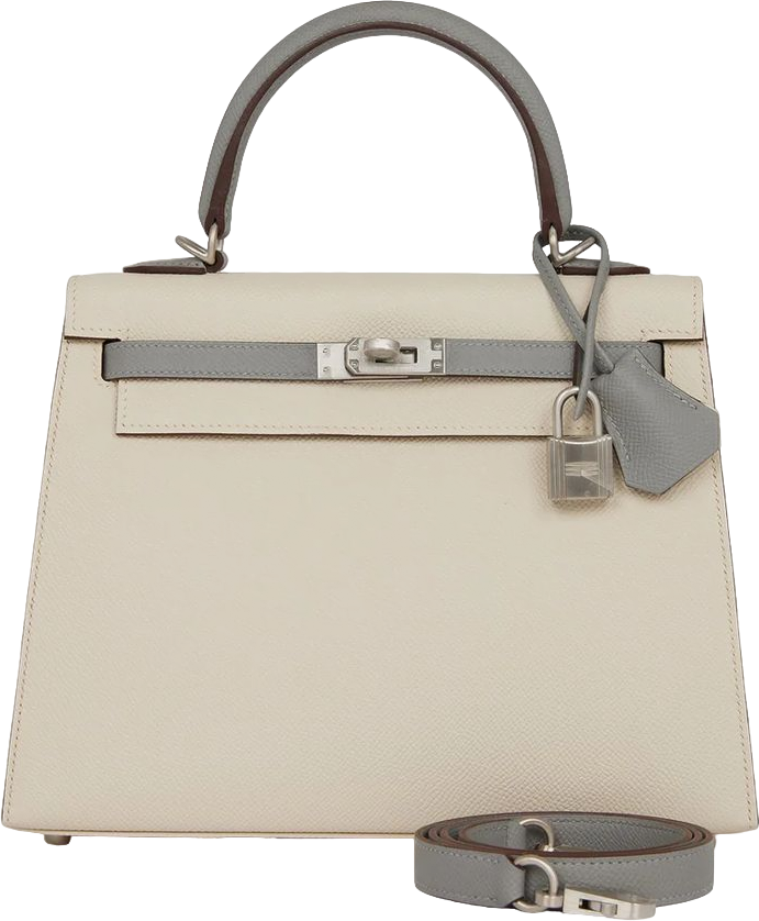 Hermes Special Order (HSS) Kelly Sellier 25 Craie and Gris Mouette Epsom Brushed Palladium Hardware