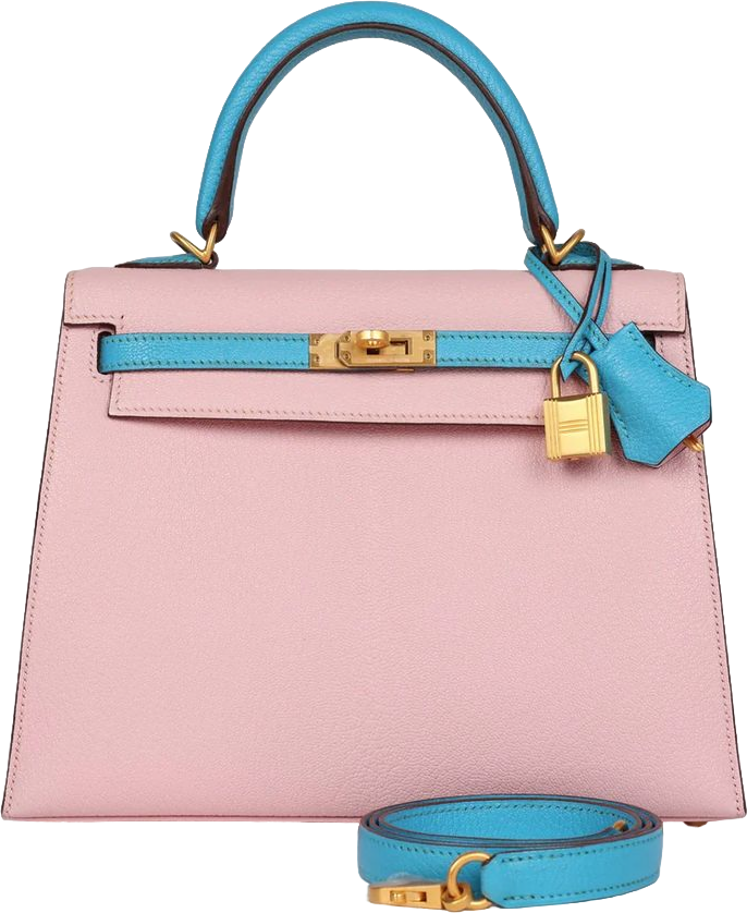 Hermes Special Order (HSS) Kelly Sellier 25 Rose Sakura and Bleu Aztec Chevre Brushed Gold Hardware