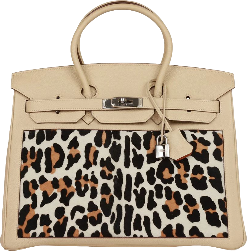 Vintage Hermes Birkin 35 Parchemin Togo and Leopard Troika Palladium Hardware Vintage Hermes Birkin 35 Parchemin Togo and Leopard Troika Palladium Hardware