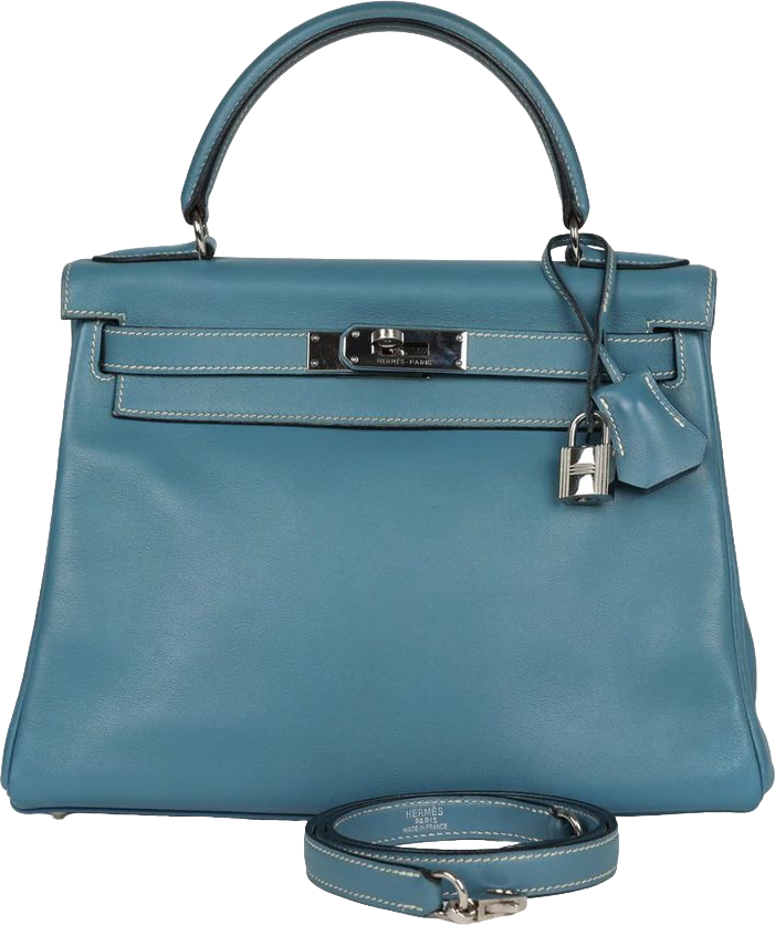 Vintage Hermes Kelly Retourne 28 Blue Jean Gulliver Palladium Hardware