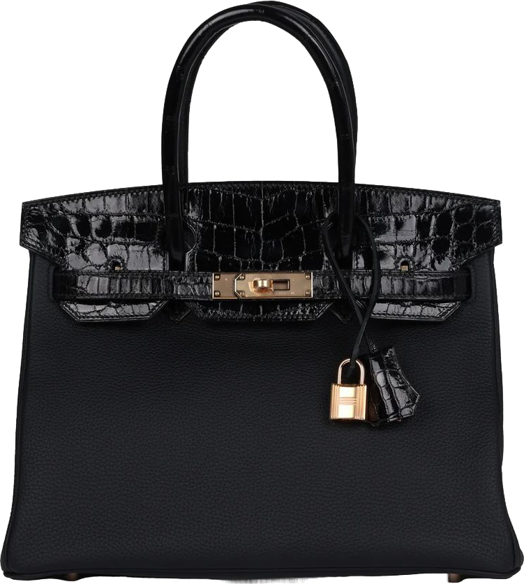 Hermes Birkin 30 Black Shiny Niloticus Crocodile and Togo Touch Rose Gold Hardware Hermes Birkin 30 Black Shiny Niloticus Crocodile and Togo Touch Rose Gold Hardware