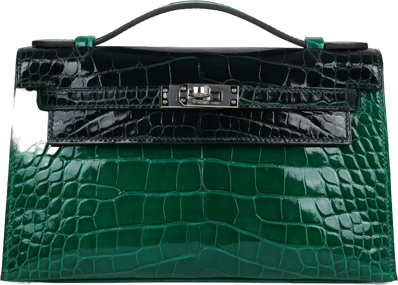 Hermes Kelly Pochette Emerald and Vert Rousseau Shiny Alligator Palladium Hardware Hermes Kelly Pochette Emerald and Vert Rousseau Shiny Alligator Palladium Hardware