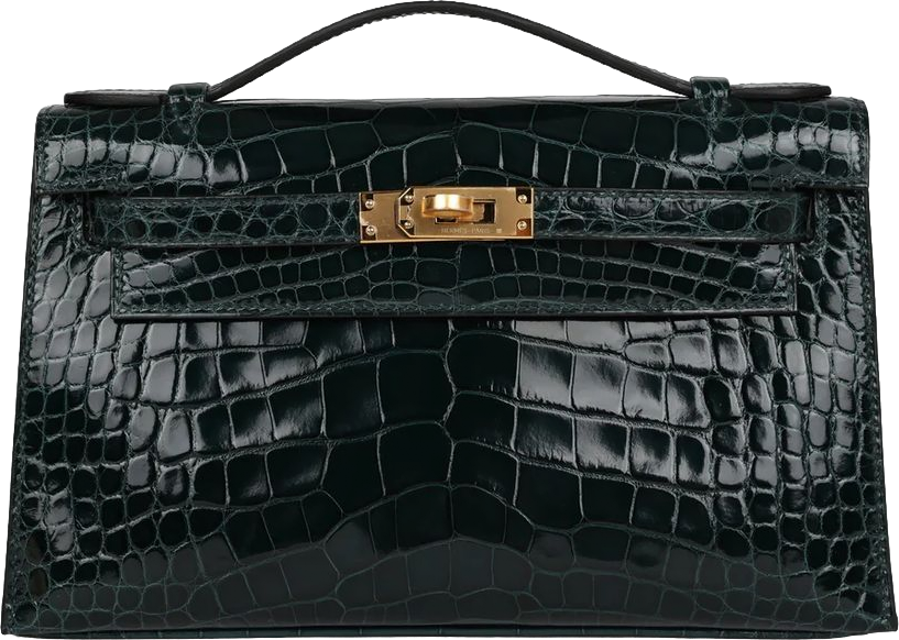 Hermes Kelly Pochette Vert Cypress Shiny Alligator Gold Hardware