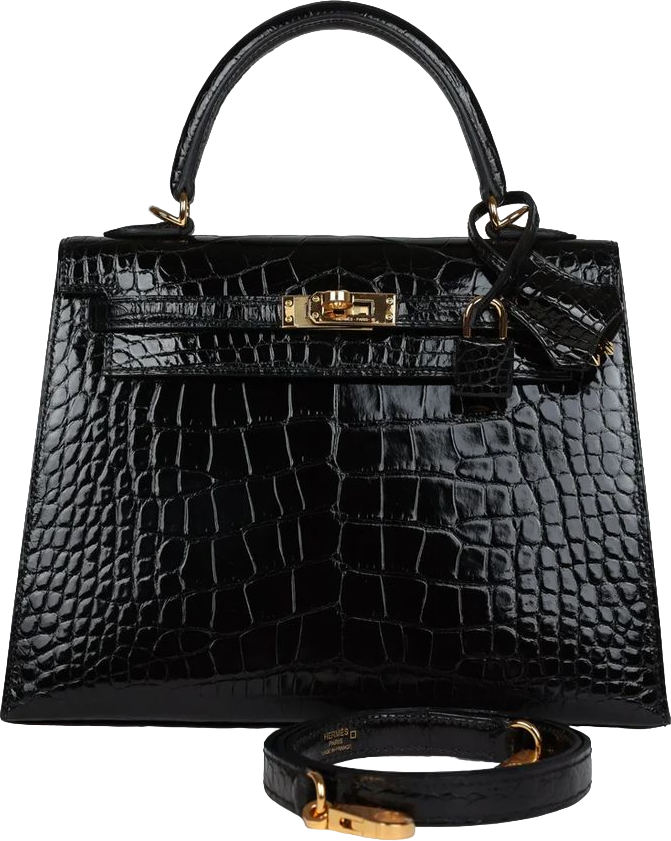 Hermes Kelly Sellier 25 Black Shiny Alligator Gold Hardware