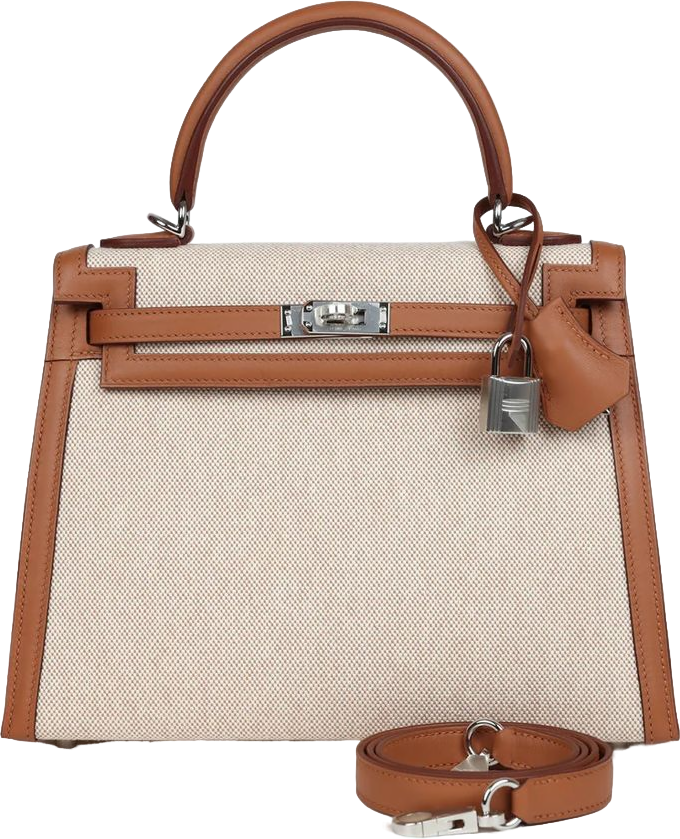 Hermes Kelly Sellier 25 Gold Swift and Ecru Toile Palladium Hardware Hermes Kelly Sellier 25 Gold Swift and Ecru Toile Palladium Hardware