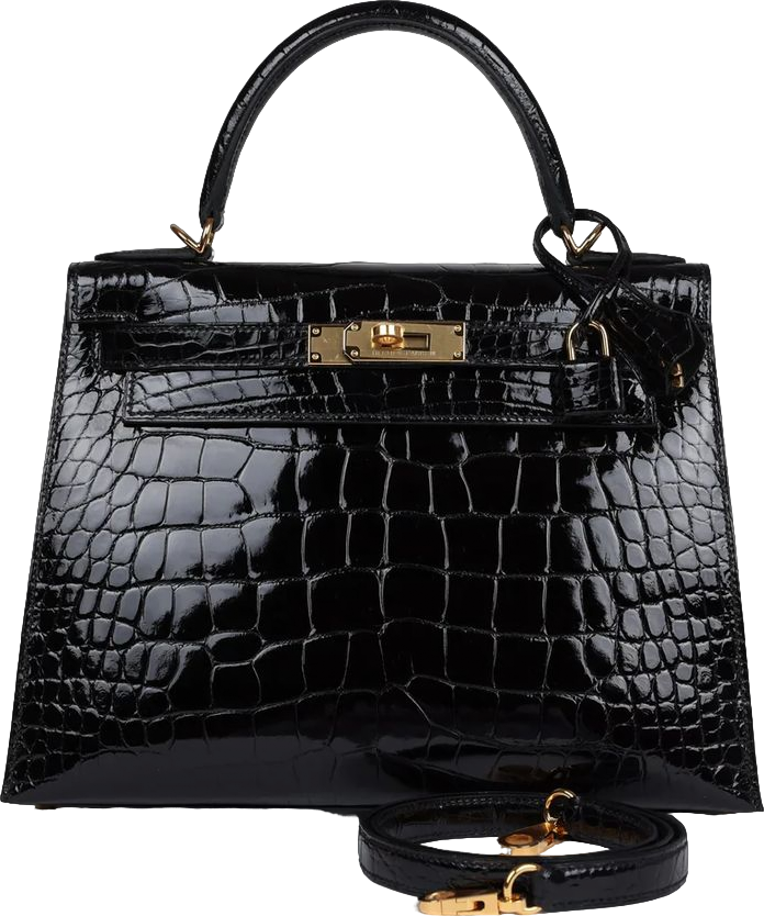 Hermes Kelly Sellier 28 Black Shiny Alligator Gold Hardware Hermes Kelly Sellier 28 Black Shiny Alligator Gold Hardware