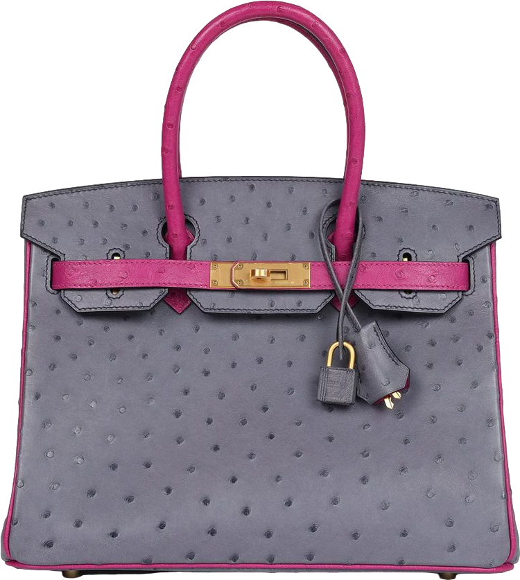 Hermes Special Order (HSS) Birkin 30 Rose Pourpre and Gris Agate Ostrich Brushed Gold Hardware