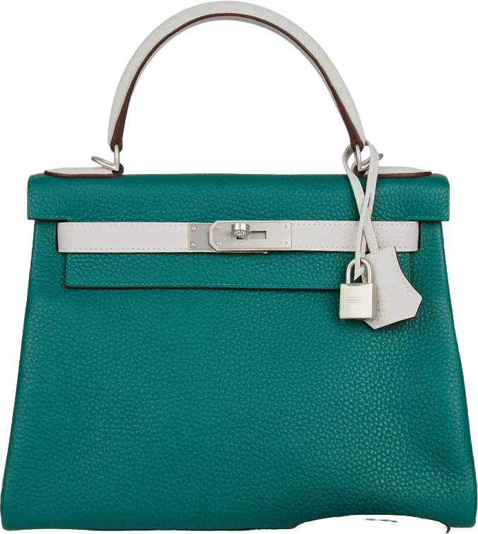 Hermes Special Order (HSS) Kelly Retourne 28 Malachite and Gris Perle Clemence Brushed Palladium Hardware