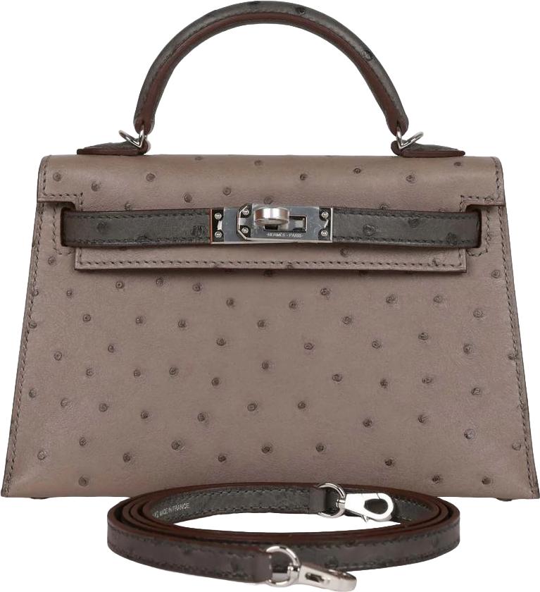 Hermes Special Order (HSS) Kelly Sellier 20 Gris Tourterelle and Graphite Ostrich Palladium Hardware