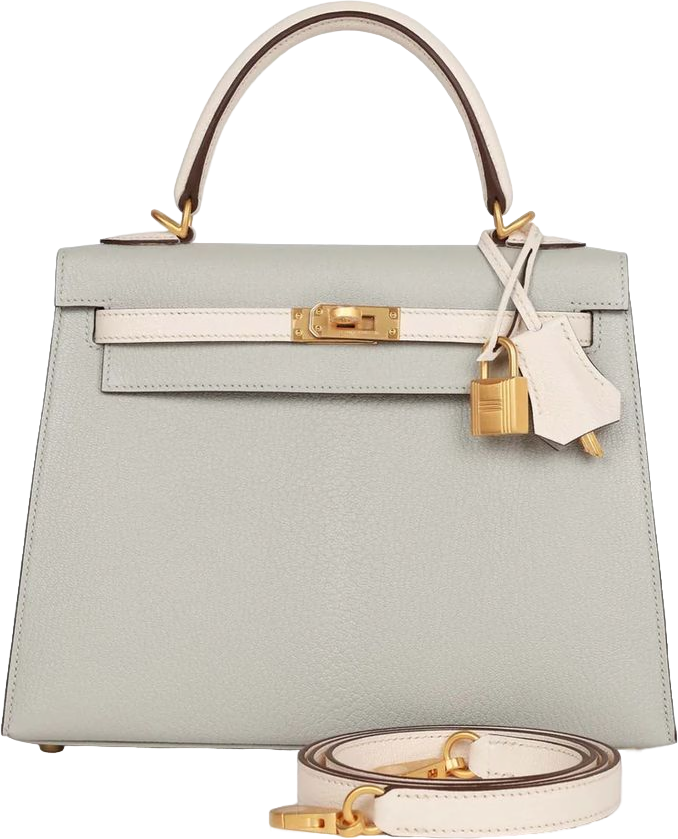 Hermes Special Order (HSS) Kelly Sellier 25 Gris Perle and Nata Chevre Brushed Gold Hardware Hermes Special Order (HSS) Kelly Sellier 25 Gris Perle and Nata Chevre Brushed Gold Hardware