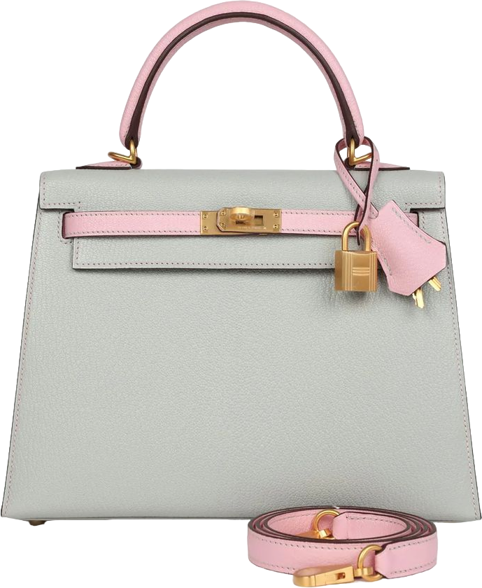 Hermes Special Order (HSS) Kelly Sellier 25 Gris Perle and Rose Sakura Chevre Brushed Gold Hardware Hermes Special Order (HSS) Kelly Sellier 25 Gris Perle and Rose Sakura Chevre Brushed Gold Hardware
