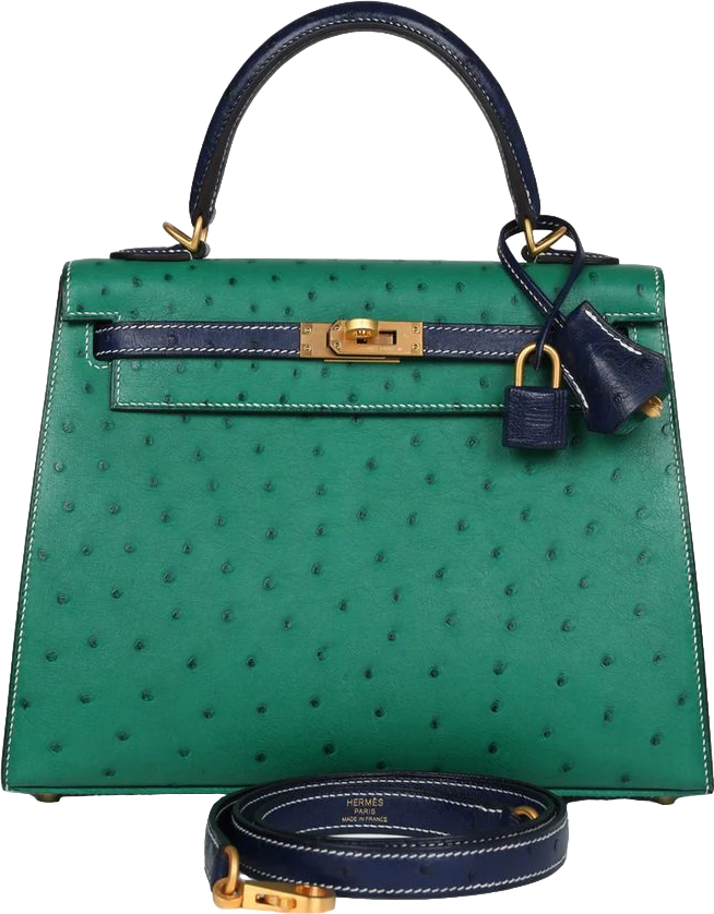 Hermes Special Order (HSS) Kelly Sellier 25 Vert Vertigo and Bleu Iris Ostrich Brushed Gold Hardware Hermes Special Order (HSS) Kelly Sellier 25 Vert Vertigo and Bleu Iris Ostrich Brushed Gold Hardware