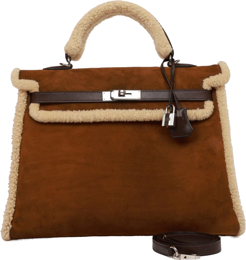 Hermes Teddy Kelly 35 Shearling and Ebene Barenia Palladium Hardware