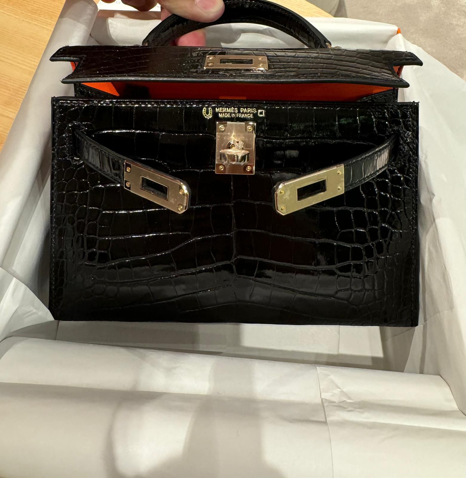 Hermes Kelly mini HSS Black / Alligator Mississippi / ghw w
