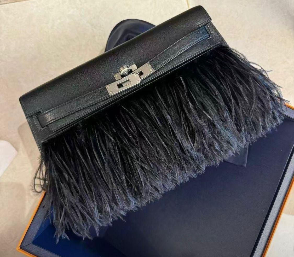 Hermes Kelly 20 Elan Folie Black / Chevre  Feather / Phw W