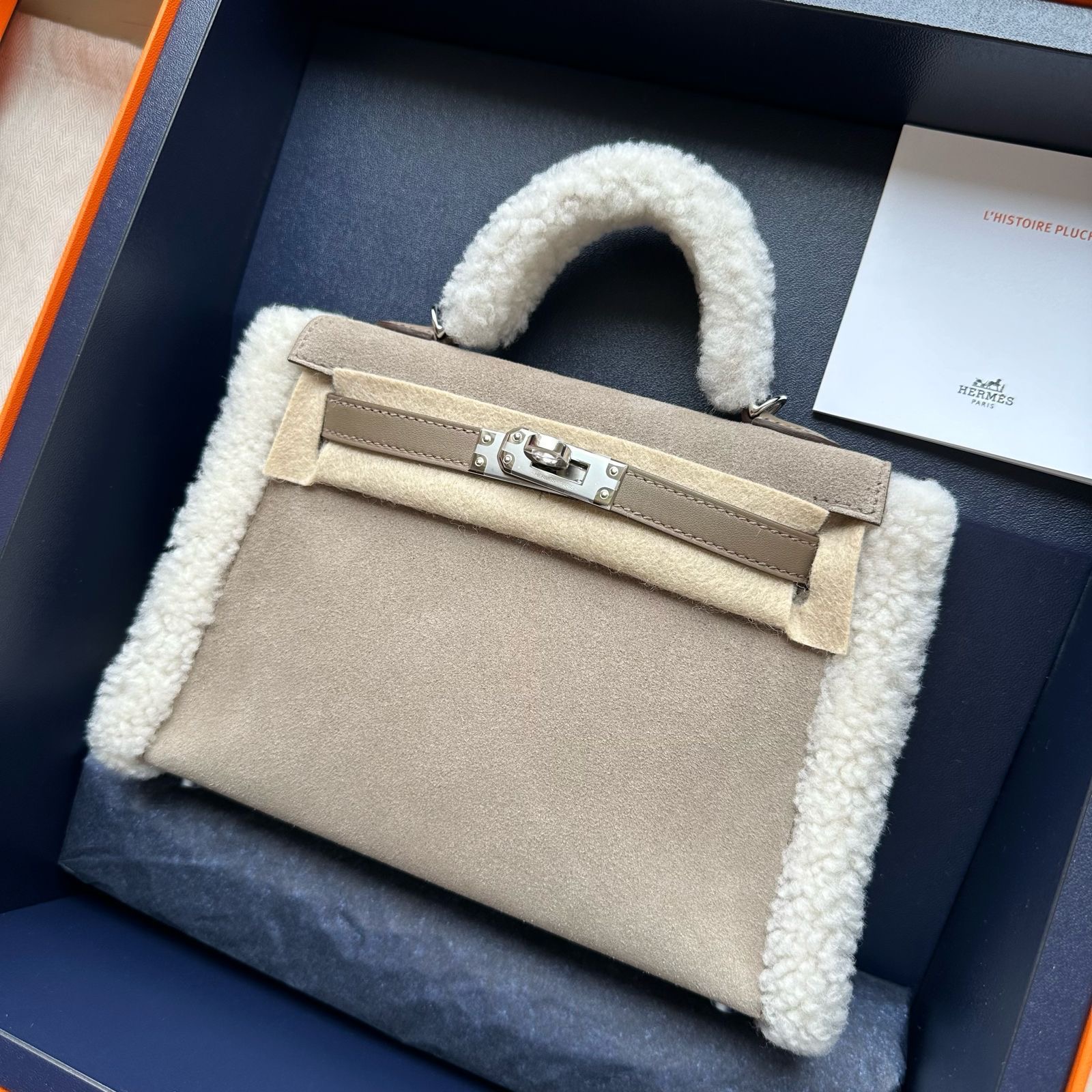 Hermes Kelly 20 Teddy Pluch / Gris Caillou Grizzly Etoupe Swift / Phw