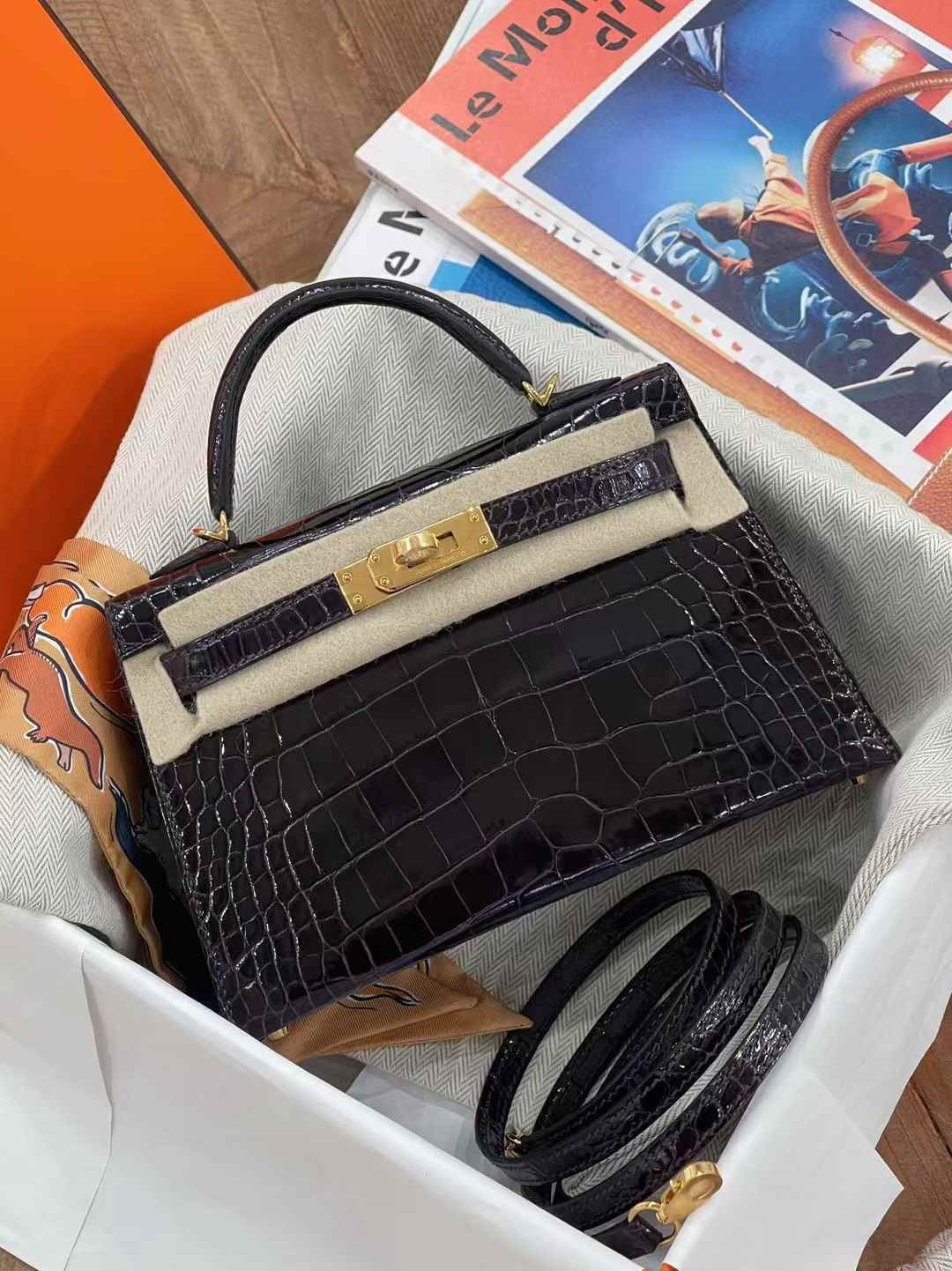 Hermes Mini kelly Prunoir / shiny Alligator / ghw W